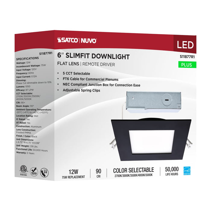 Direct Wire LED Downlight Satco S11877R1 12 Watt LED Direct Wire Downlight - 6-Inch - CCT Selectable - Square - Remote Driver - Black Finish Satco