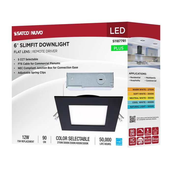 Direct Wire LED Downlight Satco S11877R1 12 Watt LED Direct Wire Downlight - 6-Inch - CCT Selectable - Square - Remote Driver - Black Finish Satco