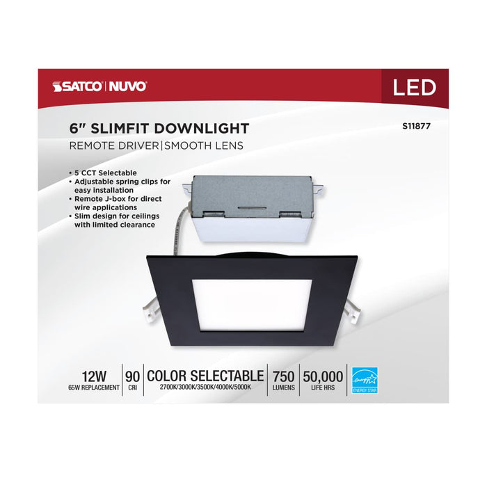 Remote Driver LED Downlight Satco S11877 12 Watt - LED Direct Wire Downlight - Edge-lit - 6 inch - CCT Selectable - 120 volt - Dimmable - Square - Remote Driver - Black Finish Satco