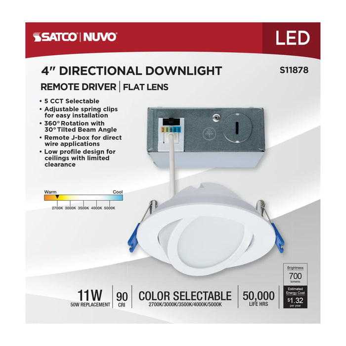 Downlight Satco S11878 11 Watt - 4" - Directional Low-Profile Downlight - CCT Selectable - 120 Volt - White Finish Satco
