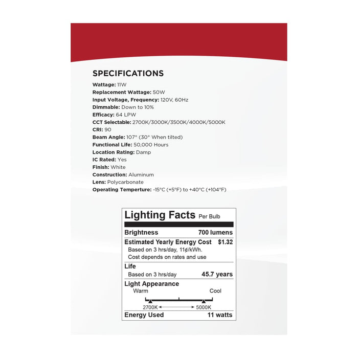 Downlight Satco S11878 11 Watt - 4" - Directional Low-Profile Downlight - CCT Selectable - 120 Volt - White Finish Satco