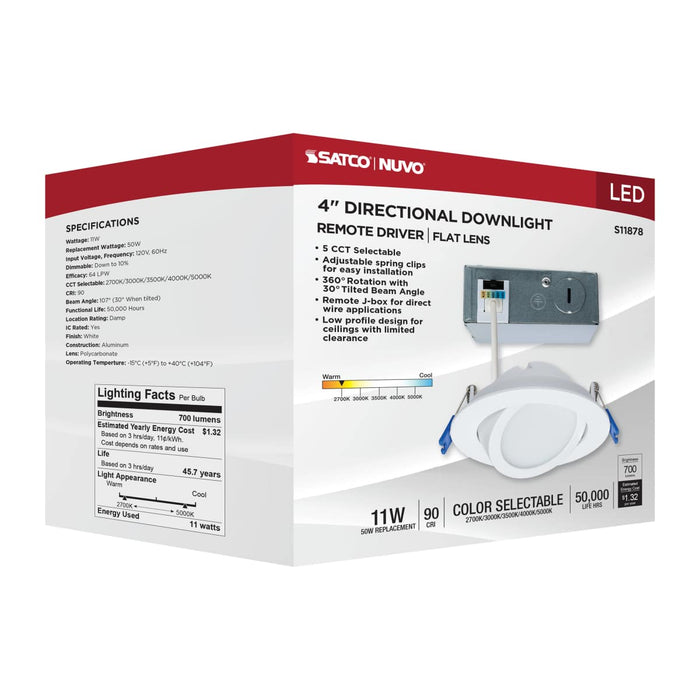 Downlight Satco S11878 11 Watt - 4" - Directional Low-Profile Downlight - CCT Selectable - 120 Volt - White Finish Satco