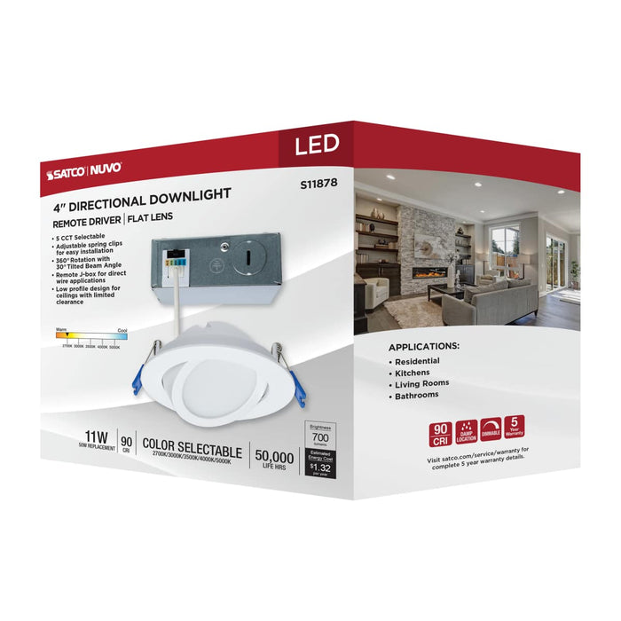 Downlight Satco S11878 11 Watt - 4" - Directional Low-Profile Downlight - CCT Selectable - 120 Volt - White Finish Satco