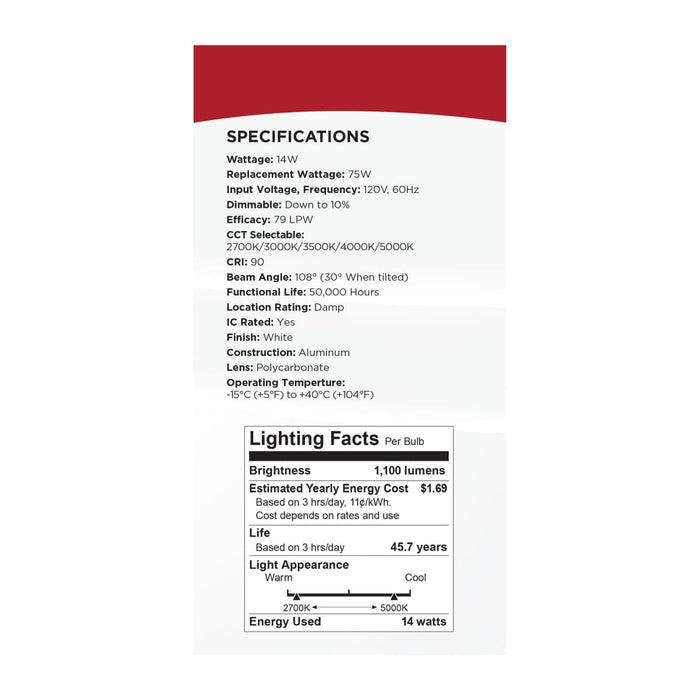 Downlight Satco S11879 14 Watt - 6" - Directional Low-Profile Downlight - CCT Selectable - 120 Volt - White Finish Satco