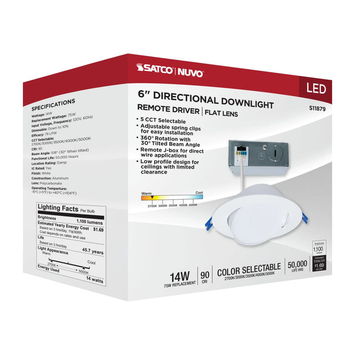 Downlight Satco S11879 14 Watt - 6" - Directional Low-Profile Downlight - CCT Selectable - 120 Volt - White Finish Satco