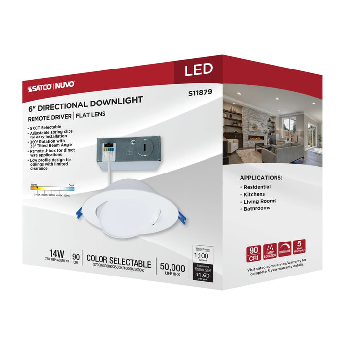 Downlight Satco S11879 14 Watt - 6" - Directional Low-Profile Downlight - CCT Selectable - 120 Volt - White Finish Satco