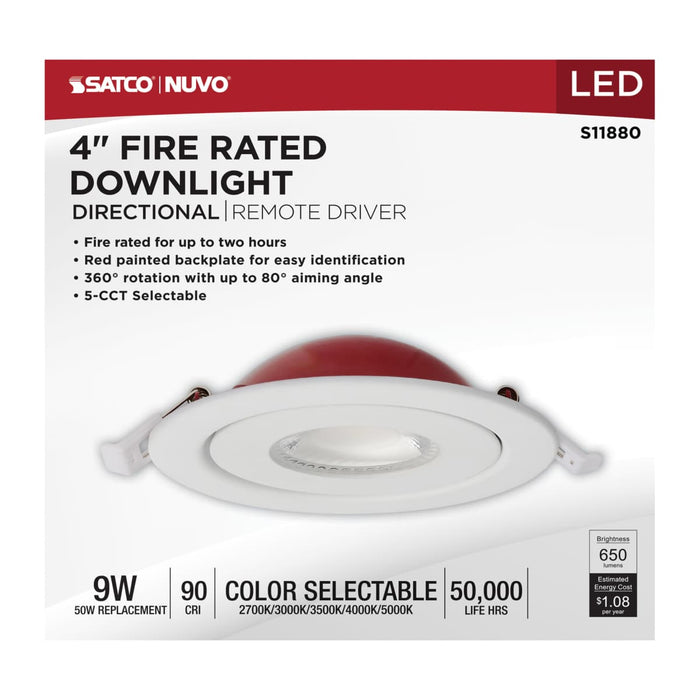 Remote Driver LED Downlight Satco S11880 9 Watt LED - Fire Rated - 4 Inch Direct Wire Directional Downlight - Round Shape - White Finish - CCT Selectable - Dimmable - 120 Volts Satco