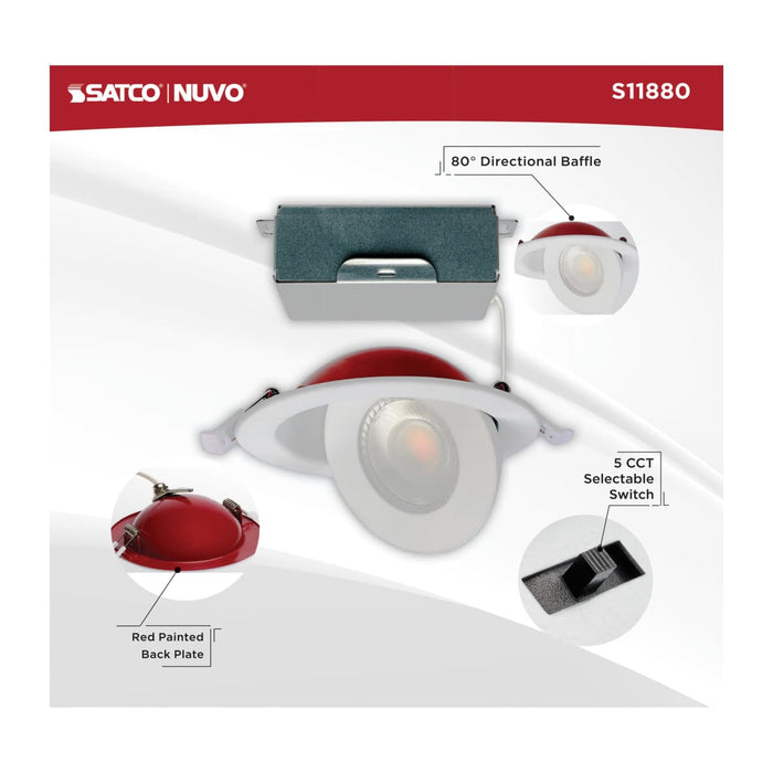 Remote Driver LED Downlight Satco S11880 9 Watt LED - Fire Rated - 4 Inch Direct Wire Directional Downlight - Round Shape - White Finish - CCT Selectable - Dimmable - 120 Volts Satco