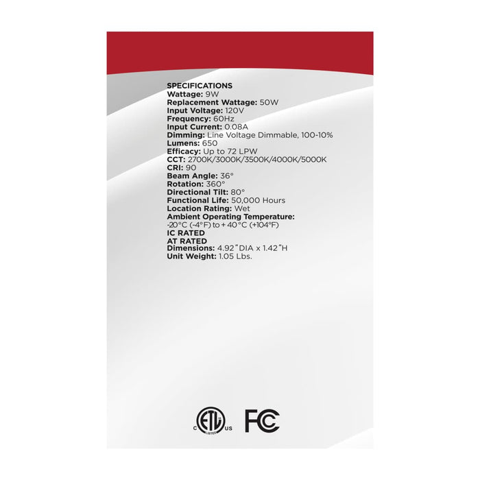 Remote Driver LED Downlight Satco S11880 9 Watt LED - Fire Rated - 4 Inch Direct Wire Directional Downlight - Round Shape - White Finish - CCT Selectable - Dimmable - 120 Volts Satco