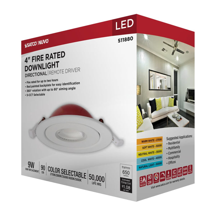 Remote Driver LED Downlight Satco S11880 9 Watt LED - Fire Rated - 4 Inch Direct Wire Directional Downlight - Round Shape - White Finish - CCT Selectable - Dimmable - 120 Volts Satco