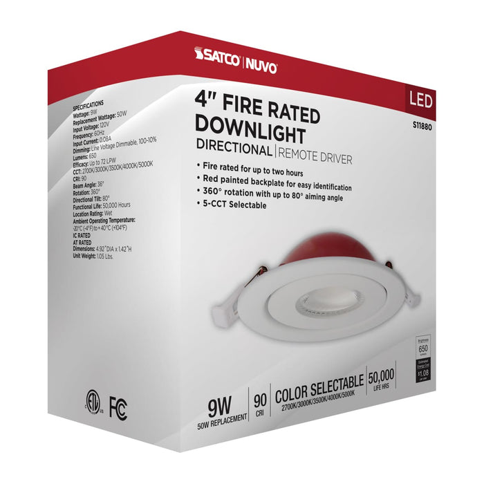 Remote Driver LED Downlight Satco S11880 9 Watt LED - Fire Rated - 4 Inch Direct Wire Directional Downlight - Round Shape - White Finish - CCT Selectable - Dimmable - 120 Volts Satco