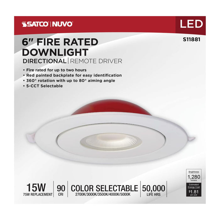 Remote Driver LED Downlight Satco S11881 15 Watt LED - Fire Rated - 6 Inch Direct Wire Directional Downlight - Round Shape - White Finish - CCT Selectable - Dimmable - 120 Volts Satco