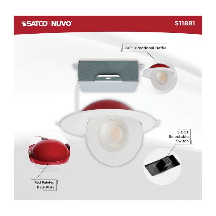 Remote Driver LED Downlight Satco S11881 15 Watt LED - Fire Rated - 6 Inch Direct Wire Directional Downlight - Round Shape - White Finish - CCT Selectable - Dimmable - 120 Volts Satco