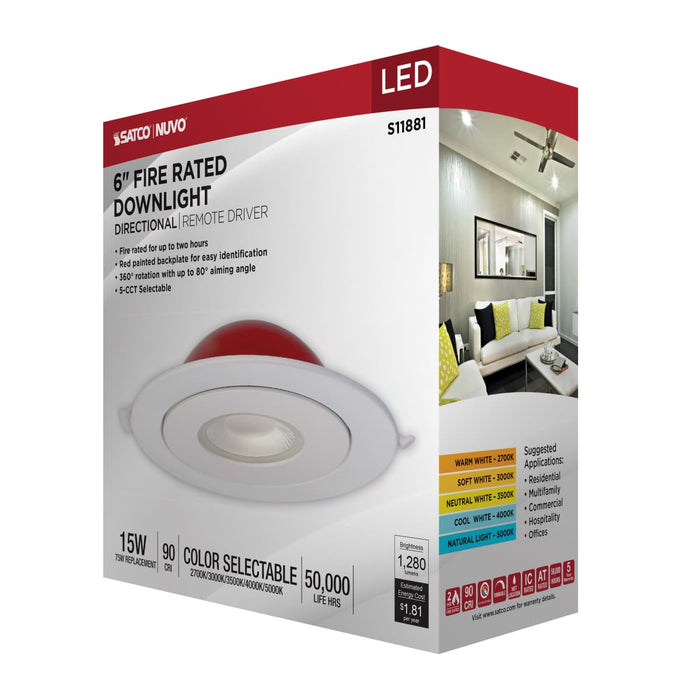 Remote Driver LED Downlight Satco S11881 15 Watt LED - Fire Rated - 6 Inch Direct Wire Directional Downlight - Round Shape - White Finish - CCT Selectable - Dimmable - 120 Volts Satco