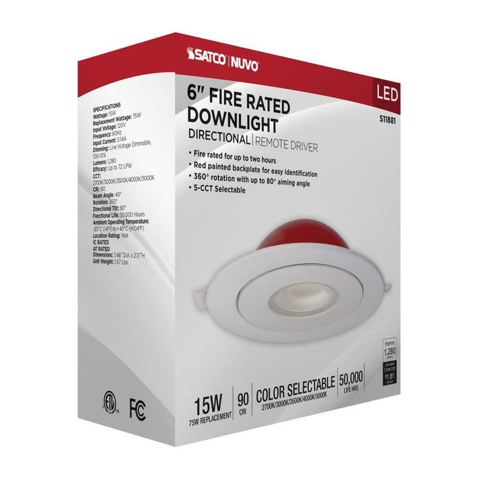 Remote Driver LED Downlight Satco S11881 15 Watt LED - Fire Rated - 6 Inch Direct Wire Directional Downlight - Round Shape - White Finish - CCT Selectable - Dimmable - 120 Volts Satco