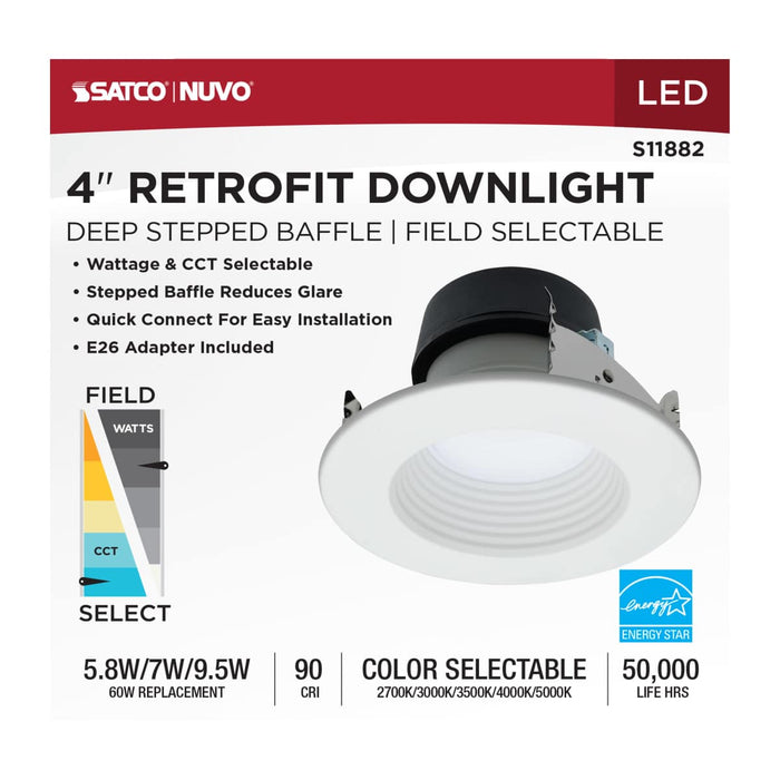 Downlight Retrofit Satco S11882 Field Selectable LED Downlight Retrofit - Deep Baffle - 5.8/7/9.5 Watts - 27K/30K/35K/40K/50K CCT - 4 Inch - Round Shape - White Finish - 120 Volts Satco