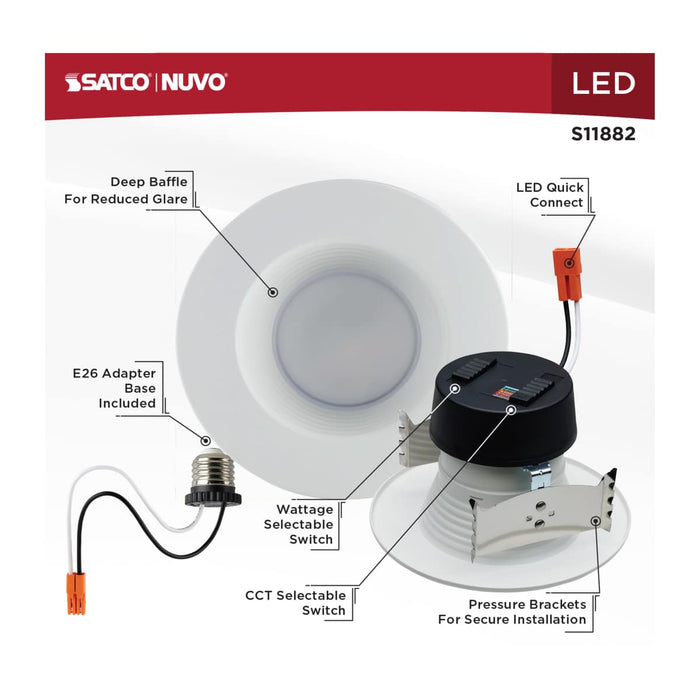 Downlight Retrofit Satco S11882 Field Selectable LED Downlight Retrofit - Deep Baffle - 5.8/7/9.5 Watts - 27K/30K/35K/40K/50K CCT - 4 Inch - Round Shape - White Finish - 120 Volts Satco