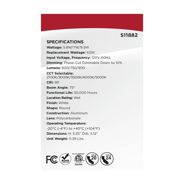 Downlight Retrofit Satco S11882 Field Selectable LED Downlight Retrofit - Deep Baffle - 5.8/7/9.5 Watts - 27K/30K/35K/40K/50K CCT - 4 Inch - Round Shape - White Finish - 120 Volts Satco