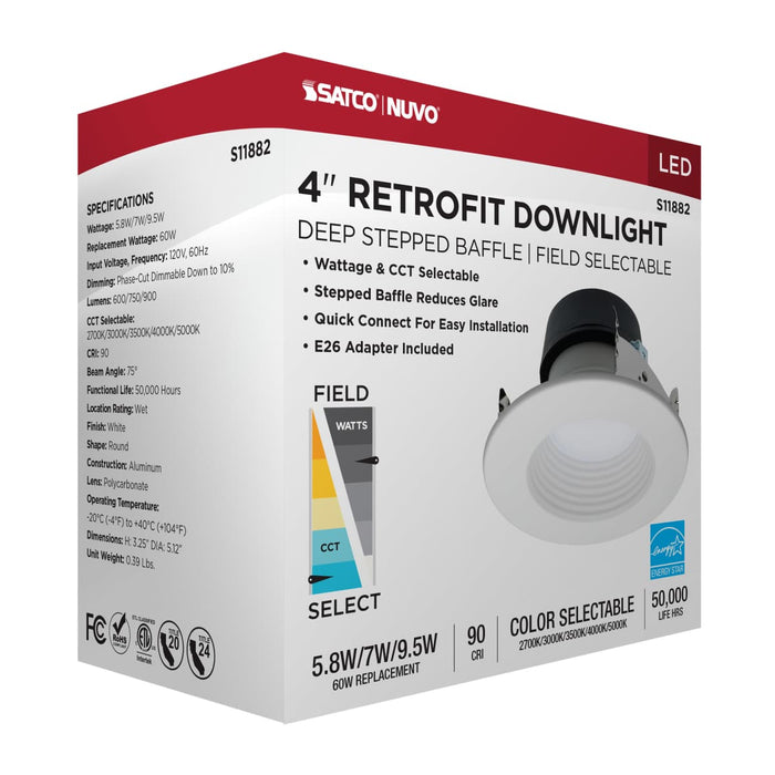 Downlight Retrofit Satco S11882 Field Selectable LED Downlight Retrofit - Deep Baffle - 5.8/7/9.5 Watts - 27K/30K/35K/40K/50K CCT - 4 Inch - Round Shape - White Finish - 120 Volts Satco