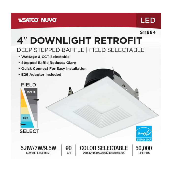 Downlight Retrofit Satco S11884 Field Selectable LED Downlight Retrofit - Deep Baffle - 5.8/7/9.5 Watts - 27K/30K/35K/40K/50K CCT - 4 Inch - Square Shape - White Finish - 120 Volts Satco
