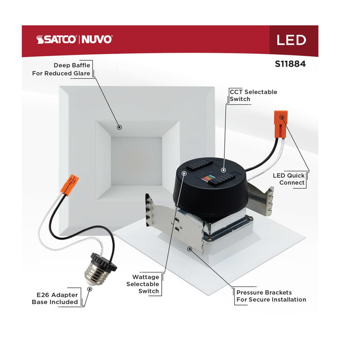 Downlight Retrofit Satco S11884 Field Selectable LED Downlight Retrofit - Deep Baffle - 5.8/7/9.5 Watts - 27K/30K/35K/40K/50K CCT - 4 Inch - Square Shape - White Finish - 120 Volts Satco
