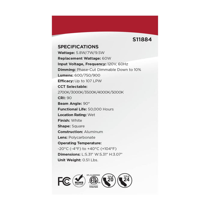 Downlight Retrofit Satco S11884 Field Selectable LED Downlight Retrofit - Deep Baffle - 5.8/7/9.5 Watts - 27K/30K/35K/40K/50K CCT - 4 Inch - Square Shape - White Finish - 120 Volts Satco