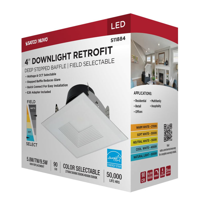 Downlight Retrofit Satco S11884 Field Selectable LED Downlight Retrofit - Deep Baffle - 5.8/7/9.5 Watts - 27K/30K/35K/40K/50K CCT - 4 Inch - Square Shape - White Finish - 120 Volts Satco