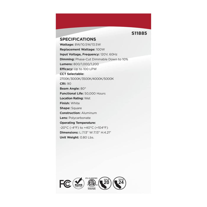 Downlight Retrofit Satco S11885 Field Selectable LED Downlight Retrofit - Deep Baffle - 8/10.5/13.5 Watts - 27K/30K/35K/40K/50K CCT - 5-6 Inch - Square Shape - White Finish - 120 Volts Satco