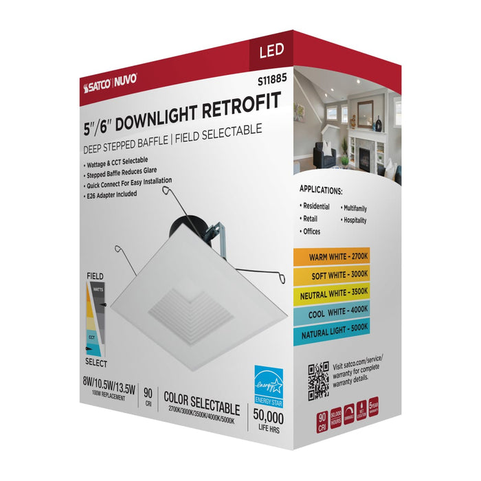 Downlight Retrofit Satco S11885 Field Selectable LED Downlight Retrofit - Deep Baffle - 8/10.5/13.5 Watts - 27K/30K/35K/40K/50K CCT - 5-6 Inch - Square Shape - White Finish - 120 Volts Satco