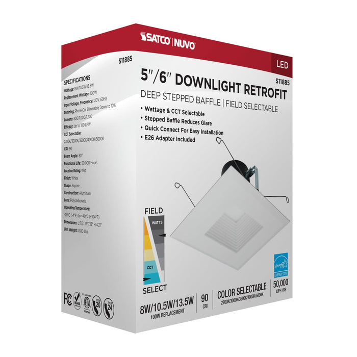 Downlight Retrofit Satco S11885 Field Selectable LED Downlight Retrofit - Deep Baffle - 8/10.5/13.5 Watts - 27K/30K/35K/40K/50K CCT - 5-6 Inch - Square Shape - White Finish - 120 Volts Satco