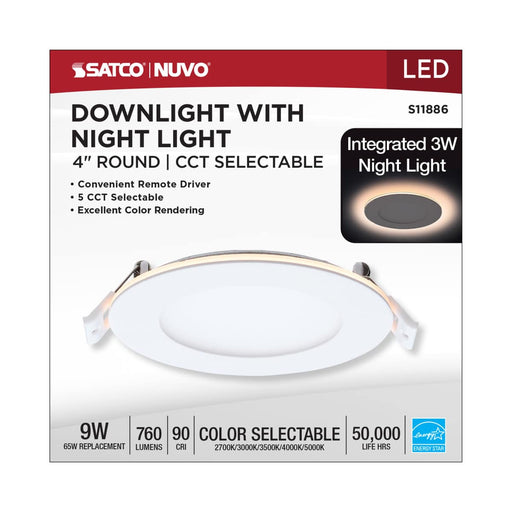 Remote Driver LED Downlight Satco S11886 9 Watt LED Direct Wire Downlight with Night Light - 4 Inch - Remote Driver - CCT Selectable - Dimmable - Round - White Finish Satco