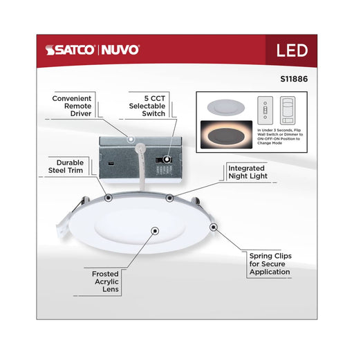 Remote Driver LED Downlight Satco S11886 9 Watt LED Direct Wire Downlight with Night Light - 4 Inch - Remote Driver - CCT Selectable - Dimmable - Round - White Finish Satco