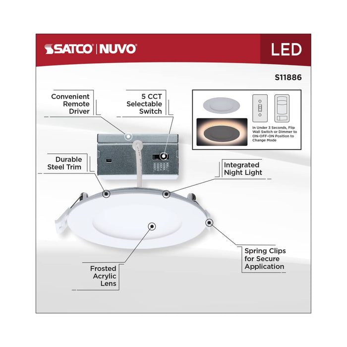 Remote Driver LED Downlight Satco S11886 9 Watt LED Direct Wire Downlight with Night Light - 4 Inch - Remote Driver - CCT Selectable - Dimmable - Round - White Finish Satco