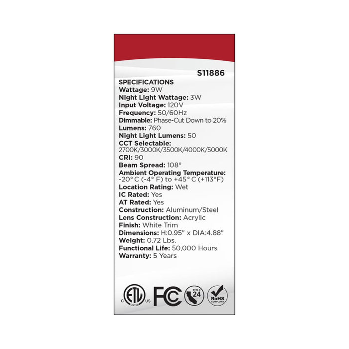 Remote Driver LED Downlight Satco S11886 9 Watt LED Direct Wire Downlight with Night Light - 4 Inch - Remote Driver - CCT Selectable - Dimmable - Round - White Finish Satco