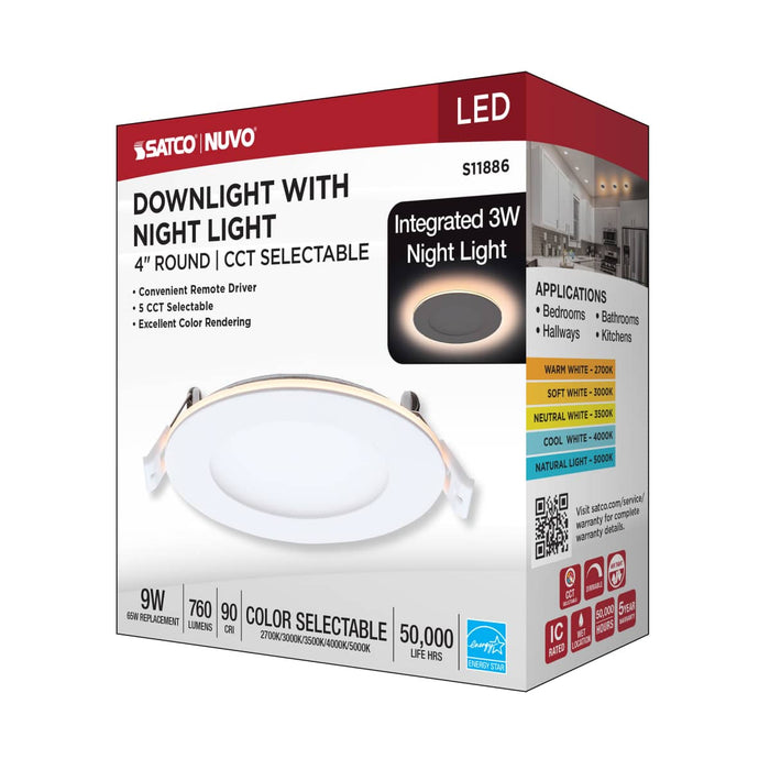 Remote Driver LED Downlight Satco S11886 9 Watt LED Direct Wire Downlight with Night Light - 4 Inch - Remote Driver - CCT Selectable - Dimmable - Round - White Finish Satco