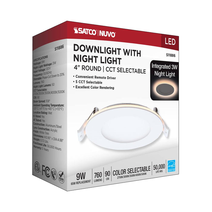 Remote Driver LED Downlight Satco S11886 9 Watt LED Direct Wire Downlight with Night Light - 4 Inch - Remote Driver - CCT Selectable - Dimmable - Round - White Finish Satco