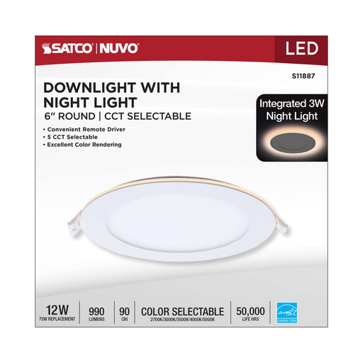 Remote Driver LED Downlight Satco S11887 12 Watt LED Direct Wire Downlight with Night Light - 6 Inch - Remote Driver - CCT Selectable - Dimmable - Round - White Finish Satco