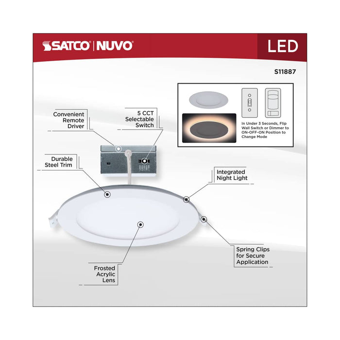 Remote Driver LED Downlight Satco S11887 12 Watt LED Direct Wire Downlight with Night Light - 6 Inch - Remote Driver - CCT Selectable - Dimmable - Round - White Finish Satco