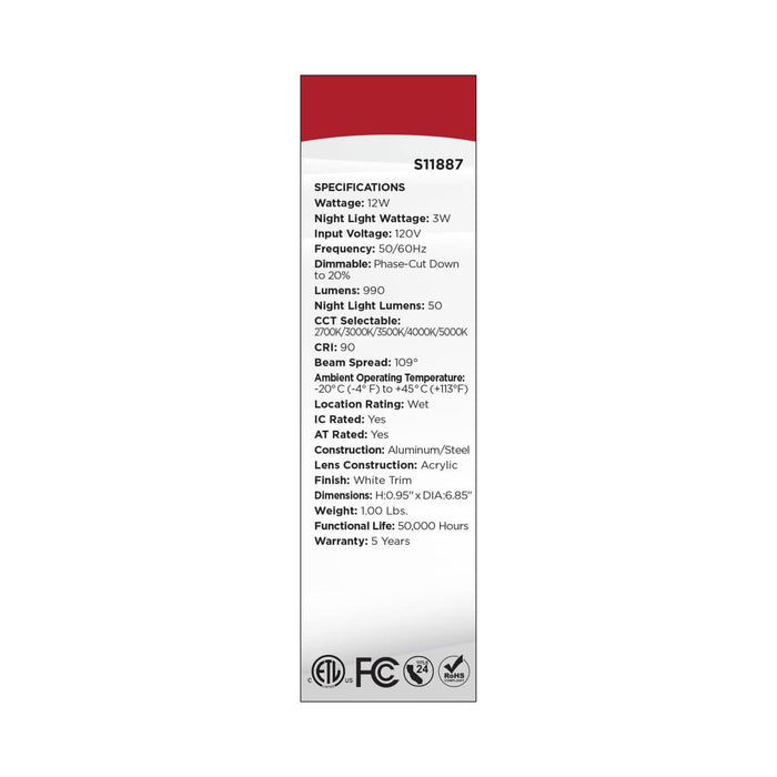 Remote Driver LED Downlight Satco S11887 12 Watt LED Direct Wire Downlight with Night Light - 6 Inch - Remote Driver - CCT Selectable - Dimmable - Round - White Finish Satco