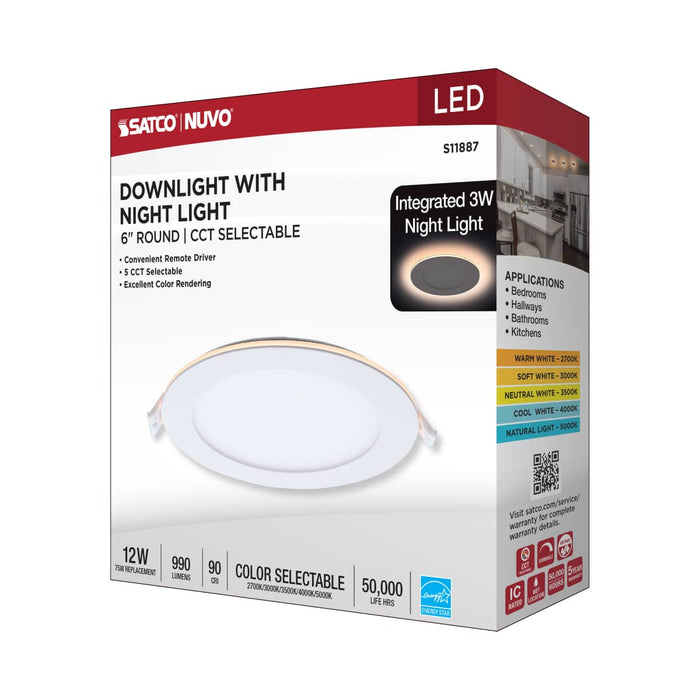 Remote Driver LED Downlight Satco S11887 12 Watt LED Direct Wire Downlight with Night Light - 6 Inch - Remote Driver - CCT Selectable - Dimmable - Round - White Finish Satco