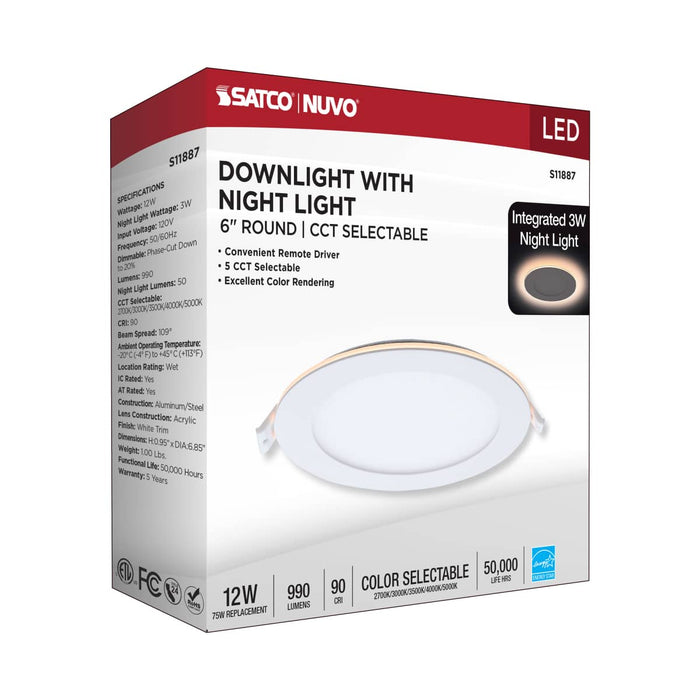 Remote Driver LED Downlight Satco S11887 12 Watt LED Direct Wire Downlight with Night Light - 6 Inch - Remote Driver - CCT Selectable - Dimmable - Round - White Finish Satco
