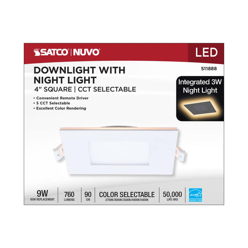 Remote Driver LED Downlight Satco S11888 9 Watt LED Direct Wire Downlight with Night Light - 4 Inch - Remote Driver - CCT Selectable - Dimmable - Square - White Finish Satco