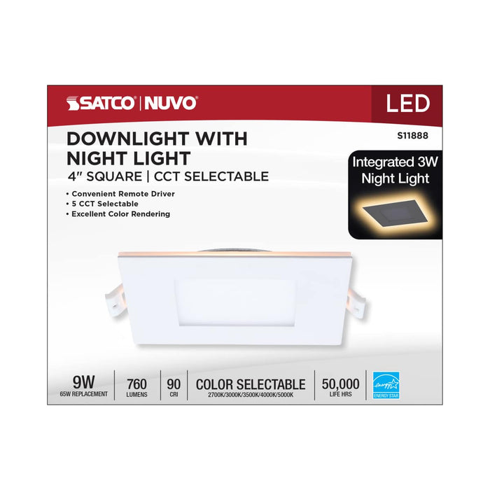 Remote Driver LED Downlight Satco S11888 9 Watt LED Direct Wire Downlight with Night Light - 4 Inch - Remote Driver - CCT Selectable - Dimmable - Square - White Finish Satco