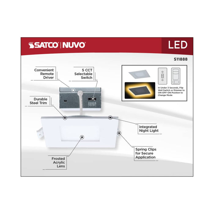 Remote Driver LED Downlight Satco S11888 9 Watt LED Direct Wire Downlight with Night Light - 4 Inch - Remote Driver - CCT Selectable - Dimmable - Square - White Finish Satco