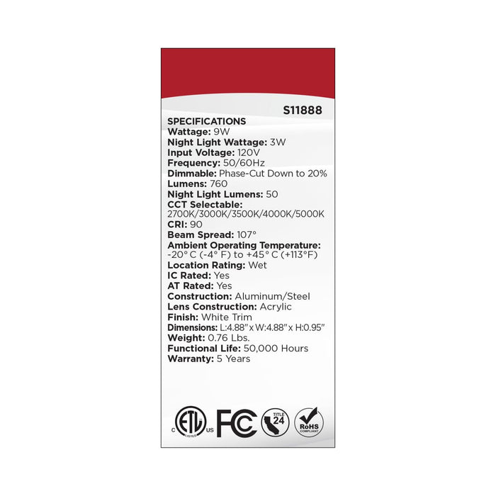 Remote Driver LED Downlight Satco S11888 9 Watt LED Direct Wire Downlight with Night Light - 4 Inch - Remote Driver - CCT Selectable - Dimmable - Square - White Finish Satco