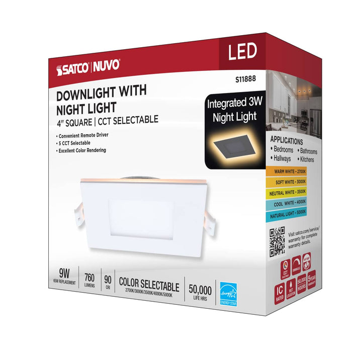 Remote Driver LED Downlight Satco S11888 9 Watt LED Direct Wire Downlight with Night Light - 4 Inch - Remote Driver - CCT Selectable - Dimmable - Square - White Finish Satco