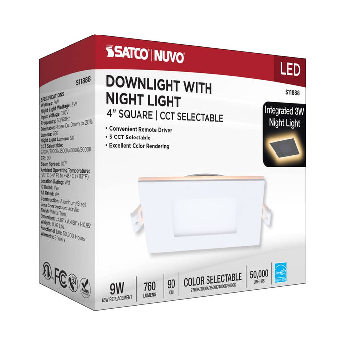 Remote Driver LED Downlight Satco S11888 9 Watt LED Direct Wire Downlight with Night Light - 4 Inch - Remote Driver - CCT Selectable - Dimmable - Square - White Finish Satco