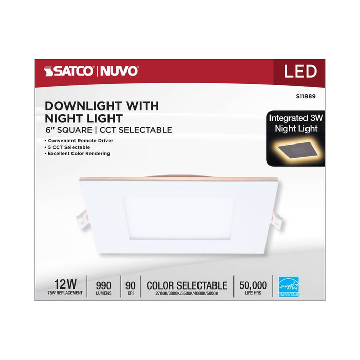 Remote Driver LED Downlight Satco S11889 12 Watt LED Direct Wire Downlight with Night Light - 6 Inch - Remote Driver - CCT Selectable - Dimmable - Square - White Finish Satco