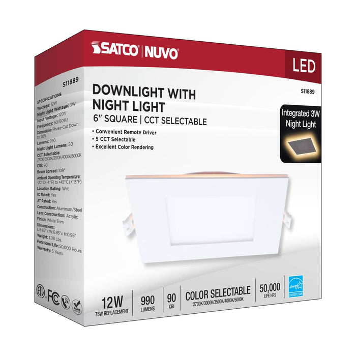 Remote Driver LED Downlight Satco S11889 12 Watt LED Direct Wire Downlight with Night Light - 6 Inch - Remote Driver - CCT Selectable - Dimmable - Square - White Finish Satco