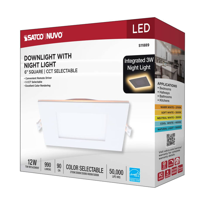 Remote Driver LED Downlight Satco S11889 12 Watt LED Direct Wire Downlight with Night Light - 6 Inch - Remote Driver - CCT Selectable - Dimmable - Square - White Finish Satco